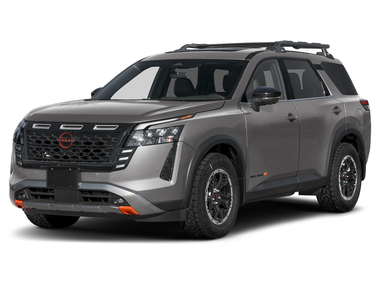2026 Nissan Pathfinder Rock Creek in Gun Metallic — front three-quarter view