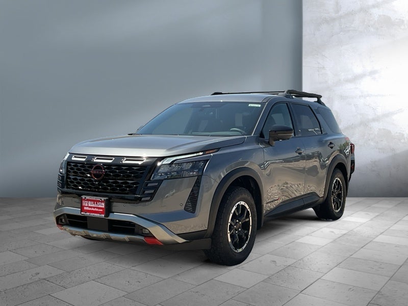 2026 Nissan Pathfinder Rock Creek in Gun Metallic — front three-quarter view