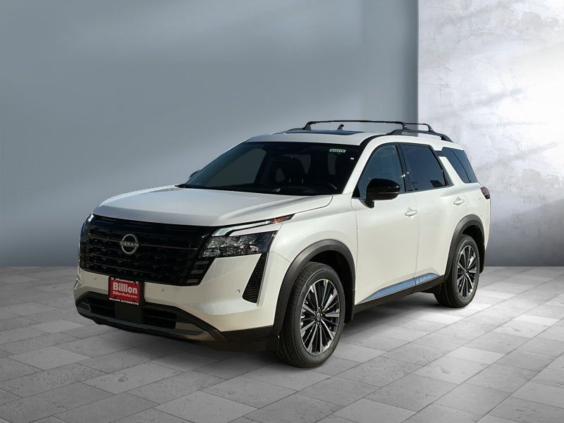 2026 Nissan Pathfinder Platinum in Everest White Pearl Tricoat — front three-quarter view
